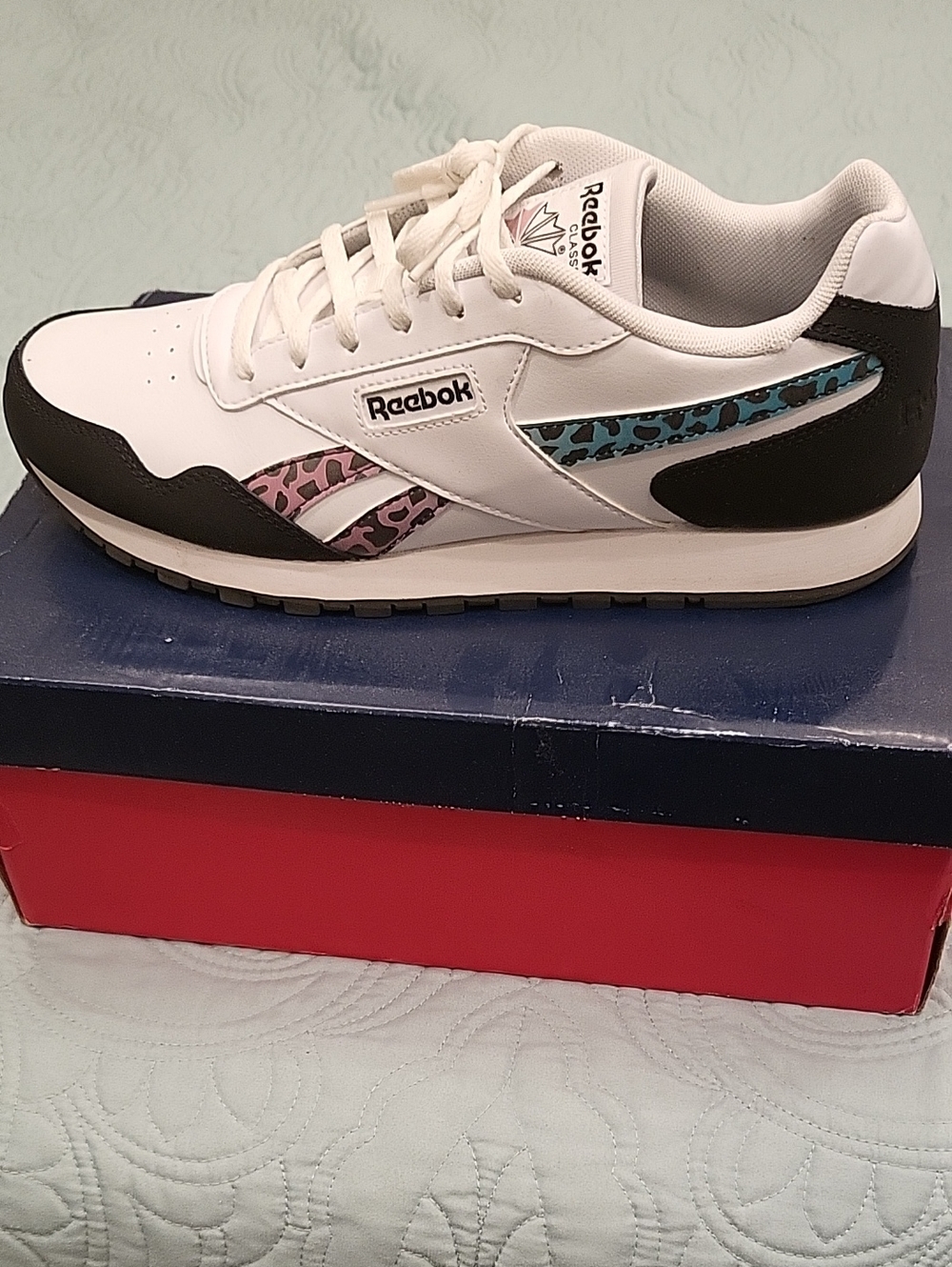 Reebok White Sneakers with Pink & Teal Leopard Accents